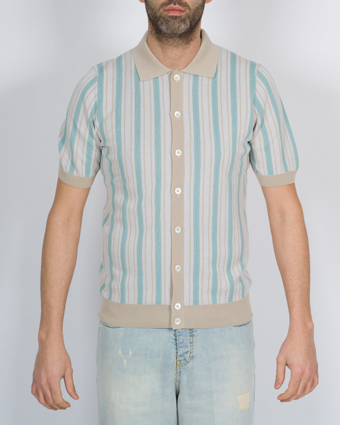 Polo cardigan rigata verde acqua 