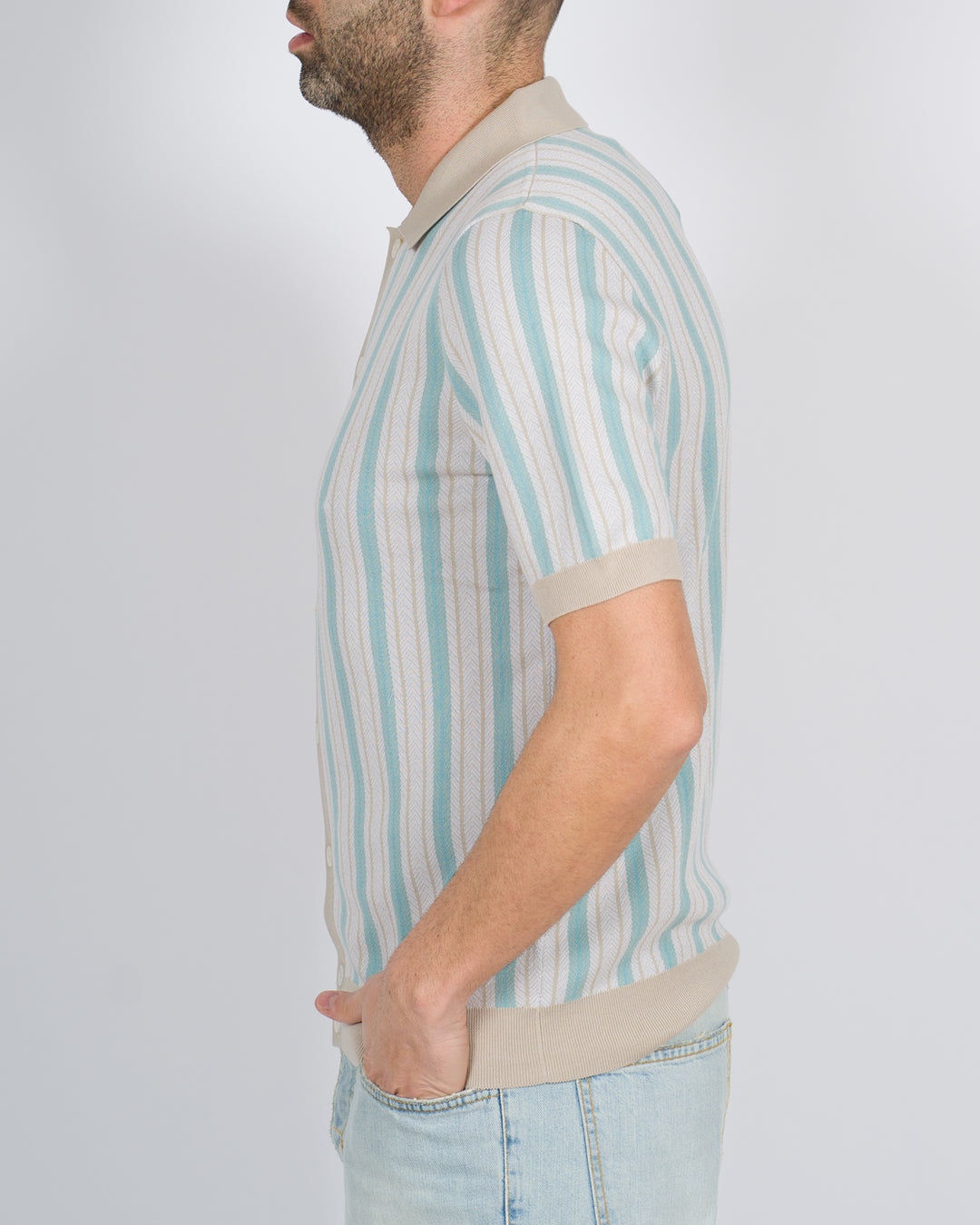 Polo cardigan rigata verde acqua 