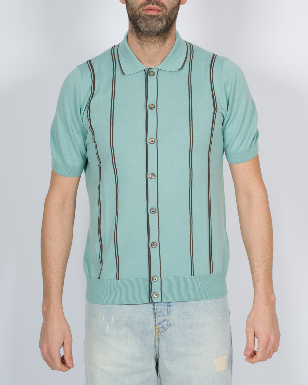 Polo cardigan rigata verde acqua 