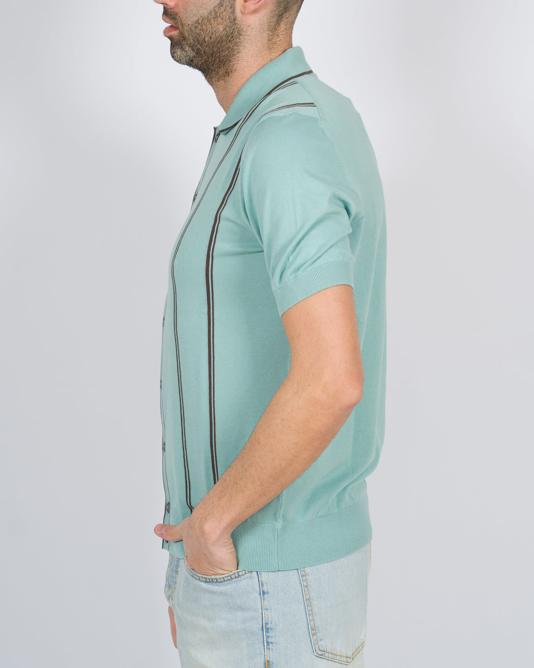Polo cardigan rigata verde acqua 