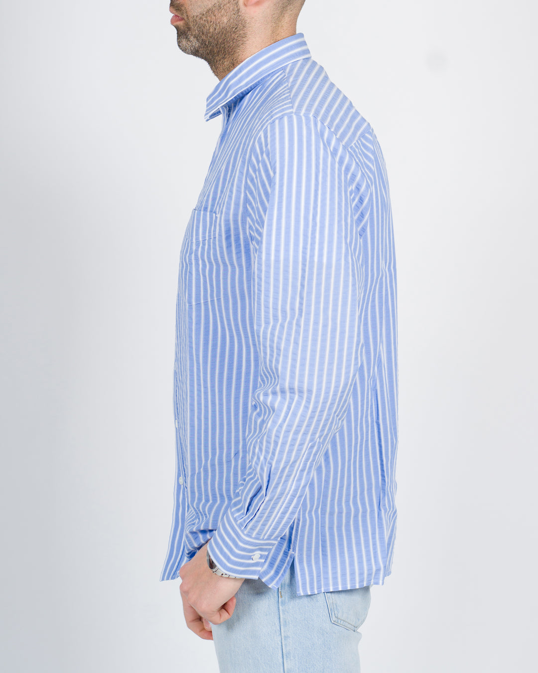 Camicia taschino rigata azzurra 
