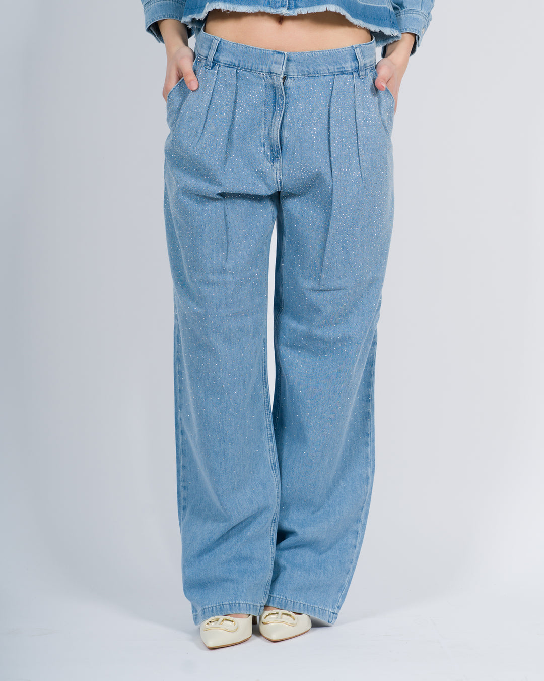 Jeans wide leg full strass<BR/> 