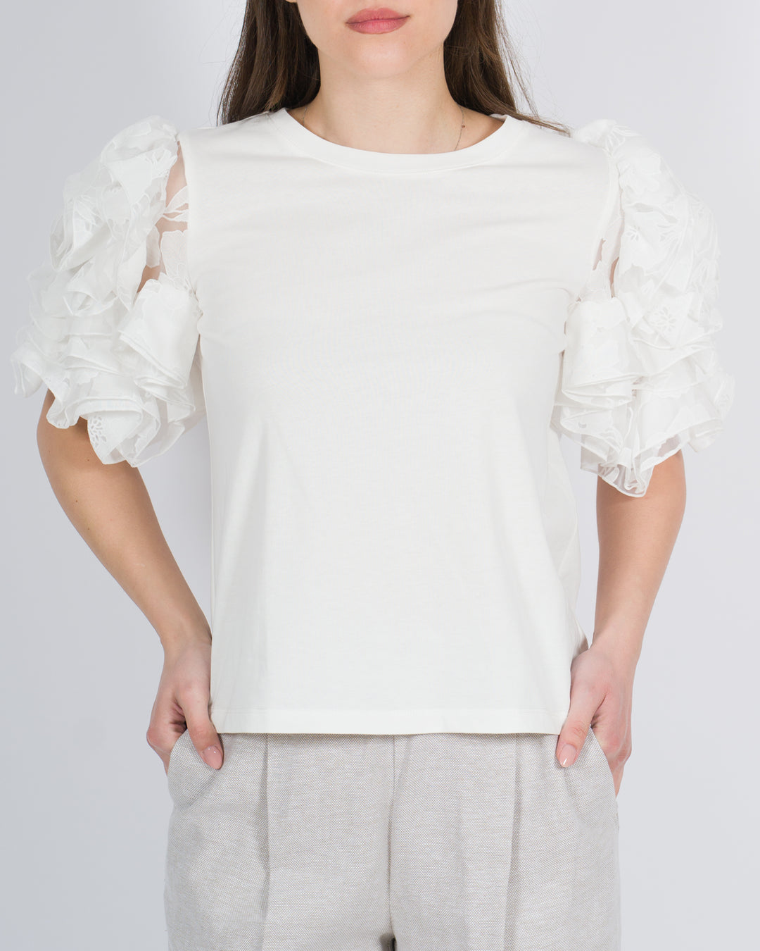 T-shirt con maniche in organza panna<BR/> 