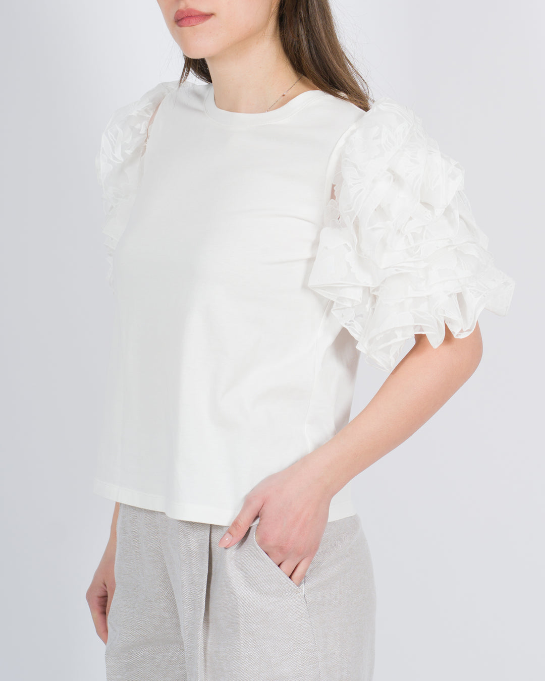T-shirt con maniche in organza panna<BR/> 