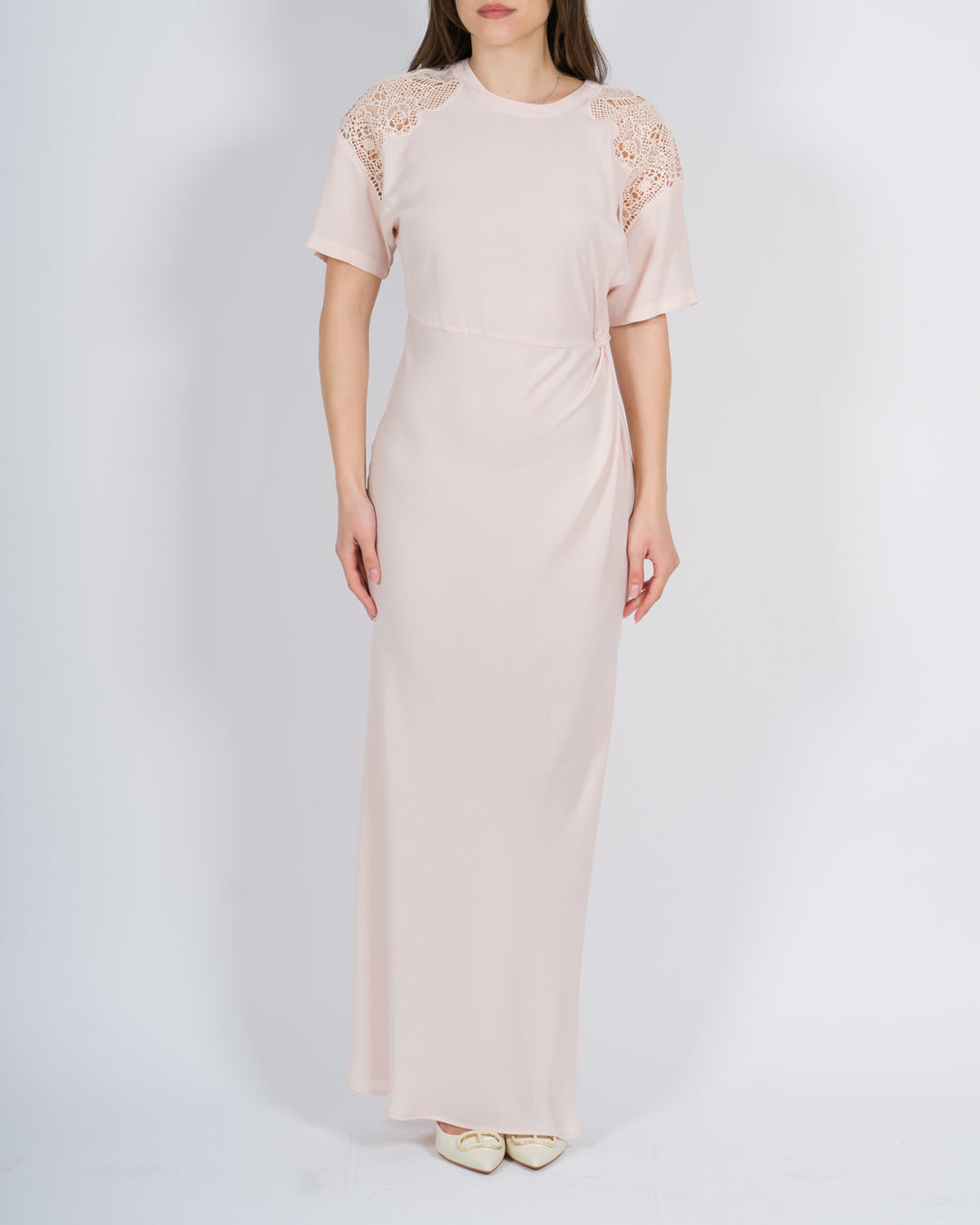 Abito lungo in twill con ricamo rosa<BR/> 
