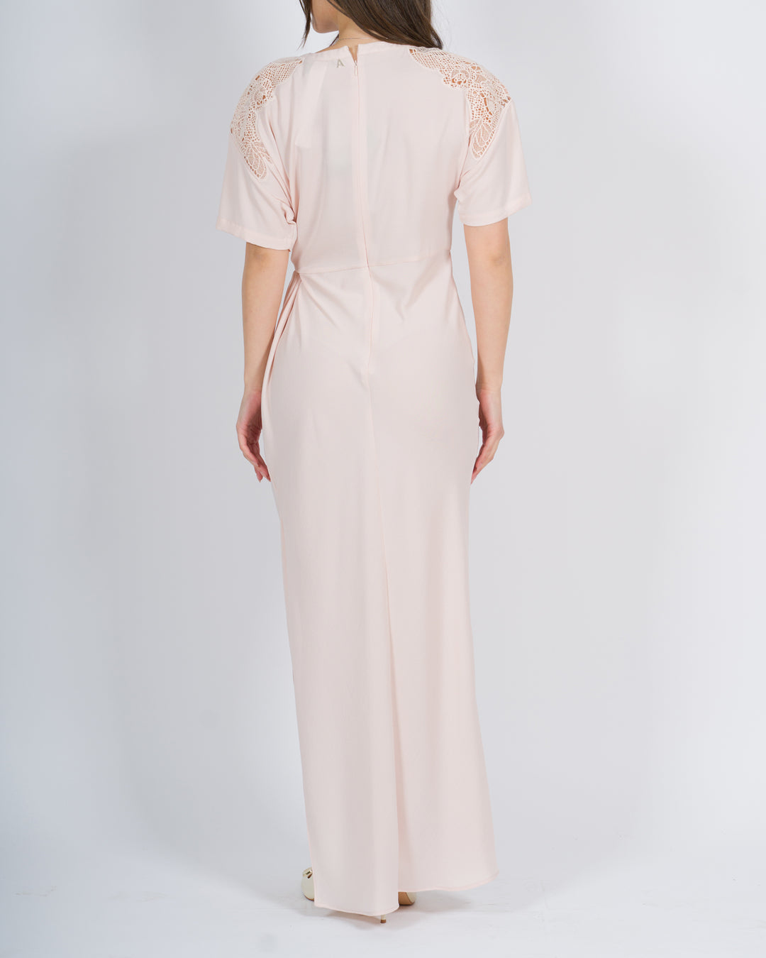 Abito lungo in twill con ricamo rosa<BR/> 