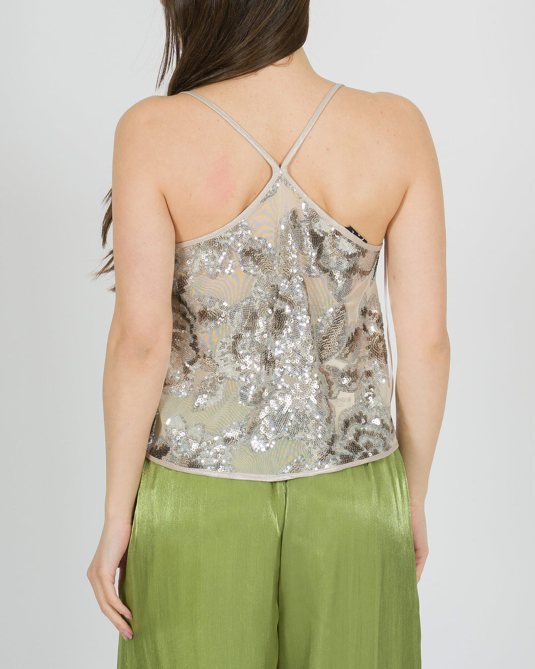 Canotta Beige con Ricamo di Paillettes a Rose 