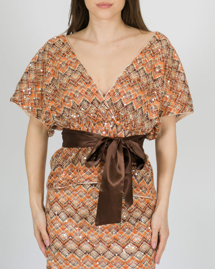 Shirt Arancio Access a Incrocio con Lavorazione Uncinetto e Pailettes 