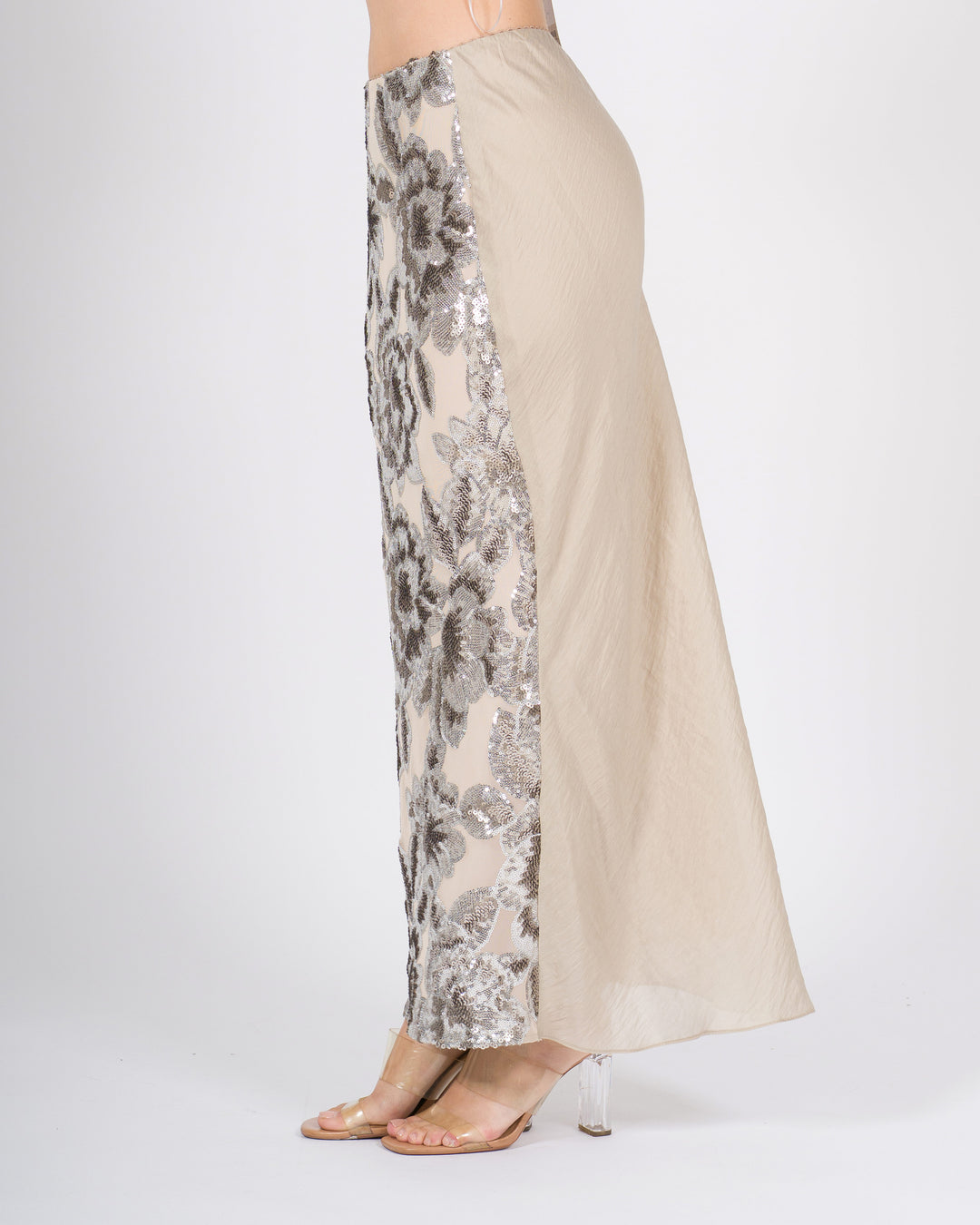 Gonna access beige con ricamo floreale e paillettes 