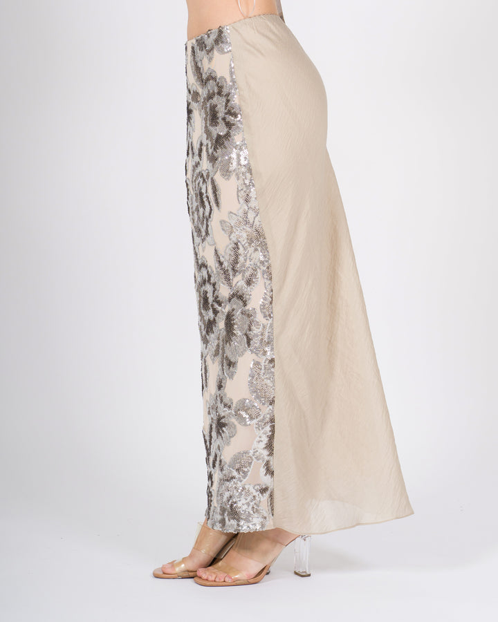 Gonna access beige con ricamo floreale e paillettes 