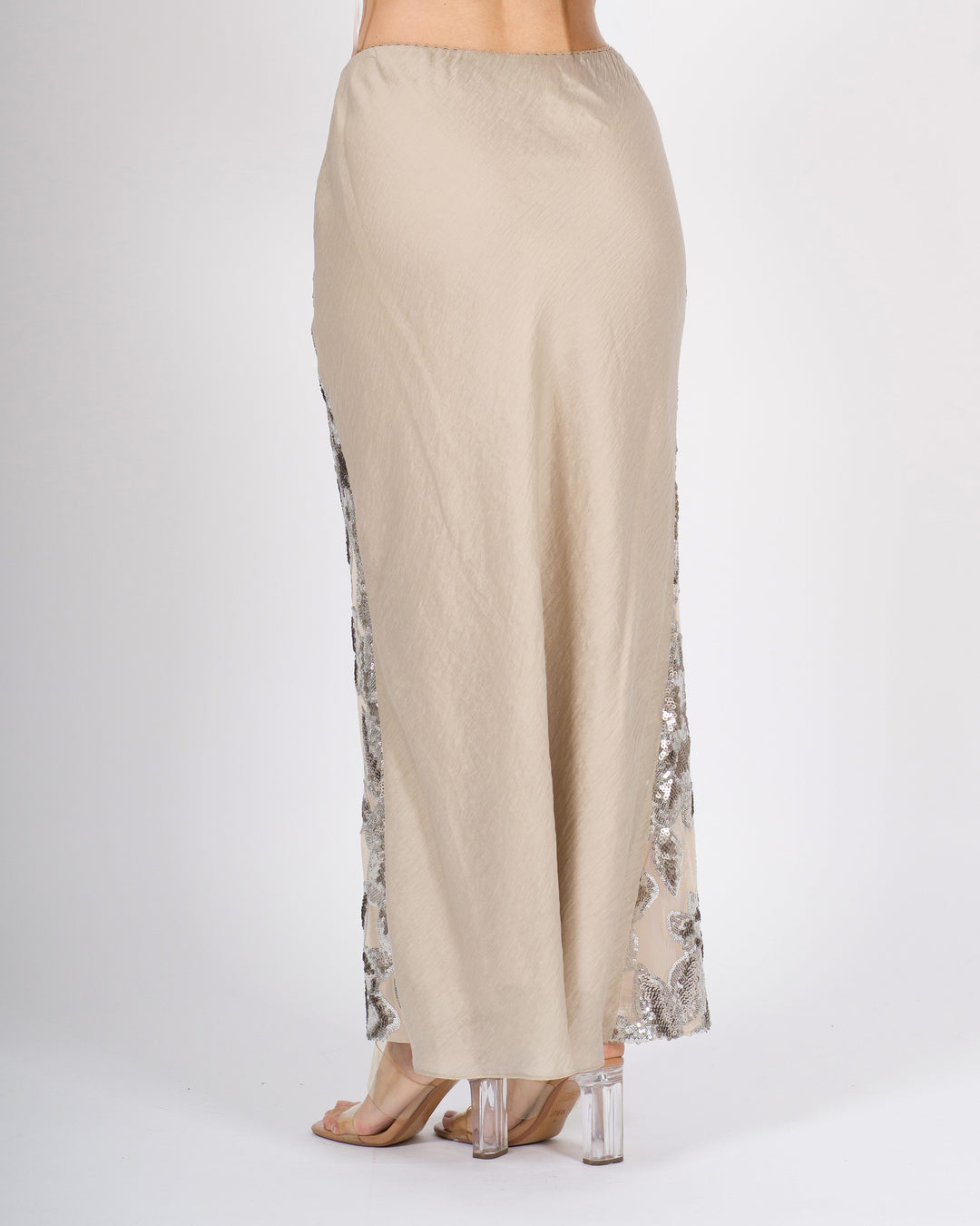 Gonna access beige con ricamo floreale e paillettes 