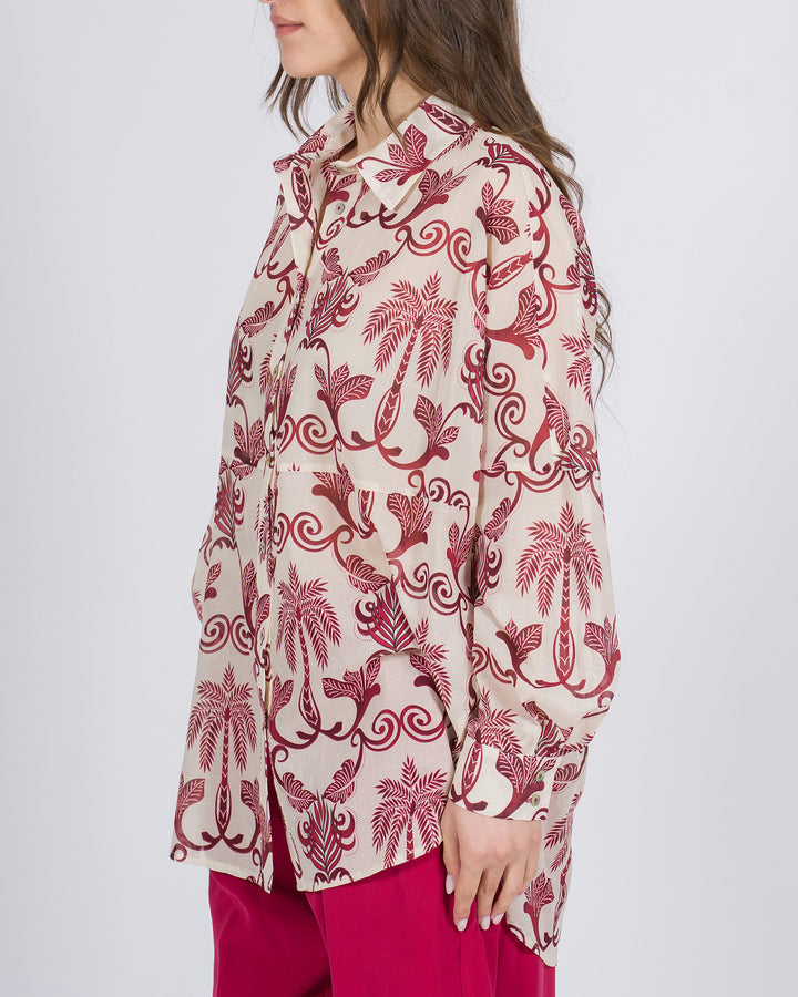 Camicia over beige con stampa floreale rossa 