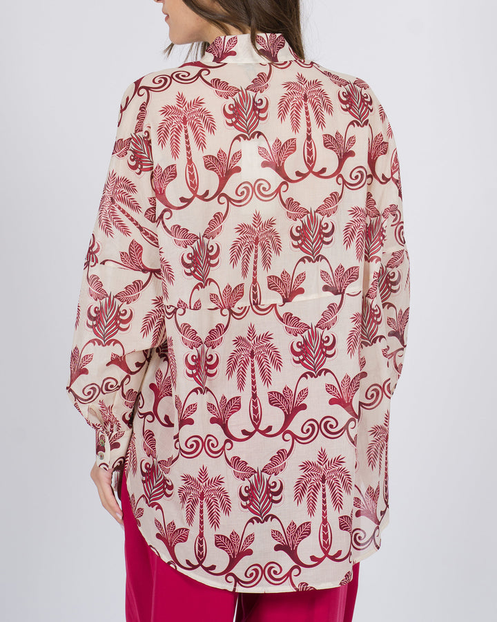 Camicia over beige con stampa floreale rossa 