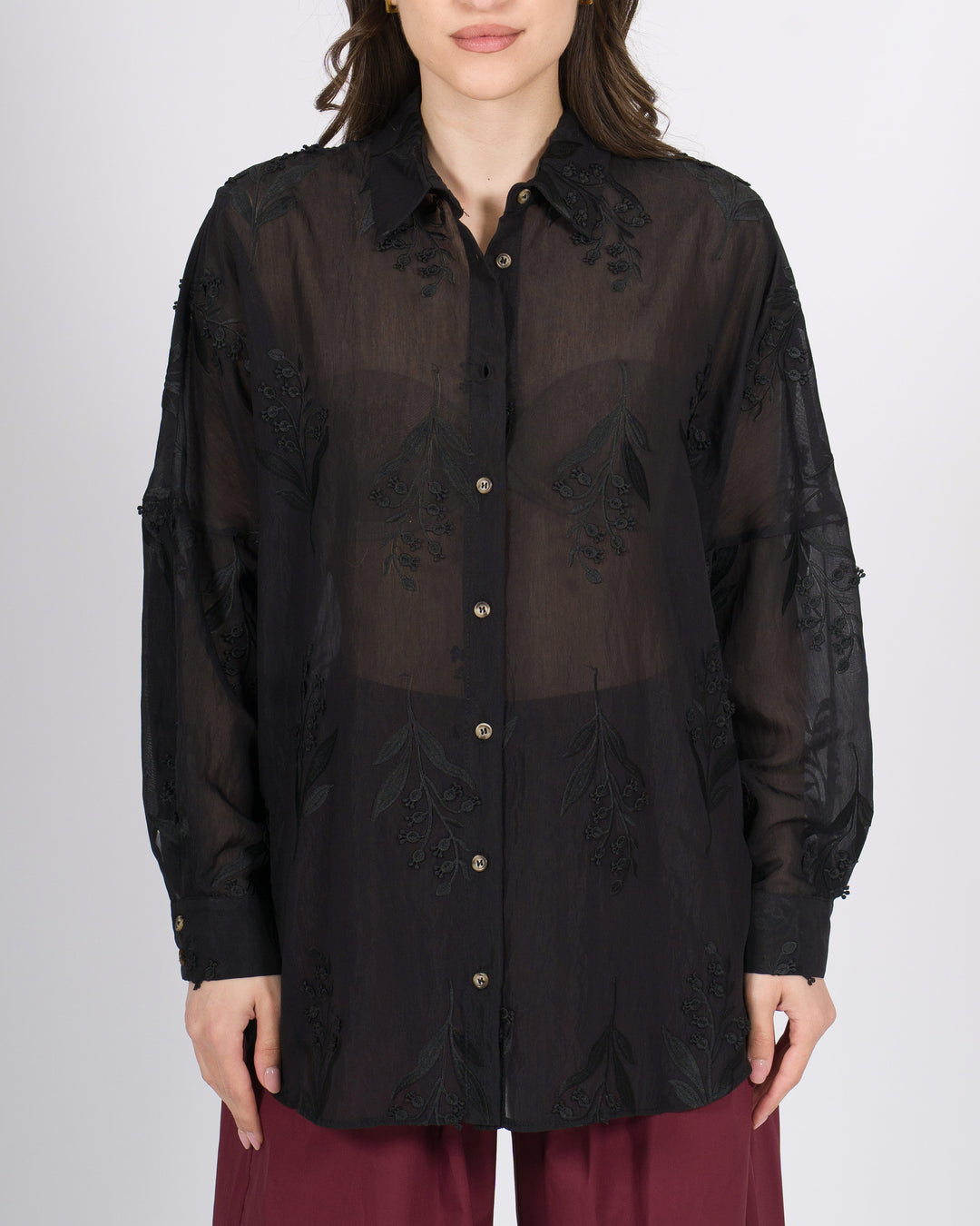 Camicia access nera in mussola di cotone con ricami 