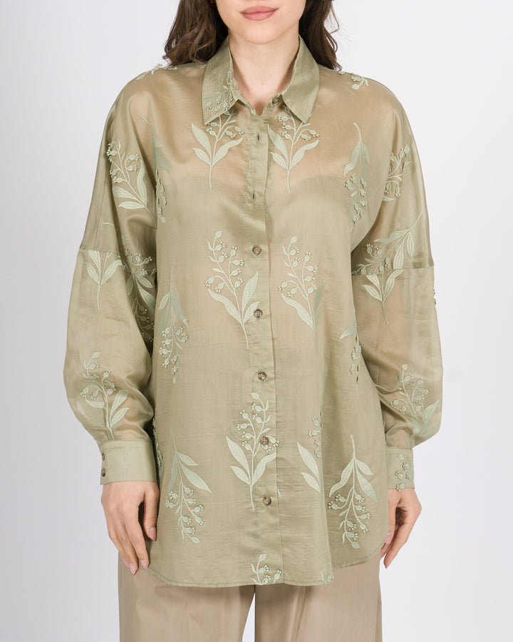 Camicia access verde  in mussola di cotone con ricami 