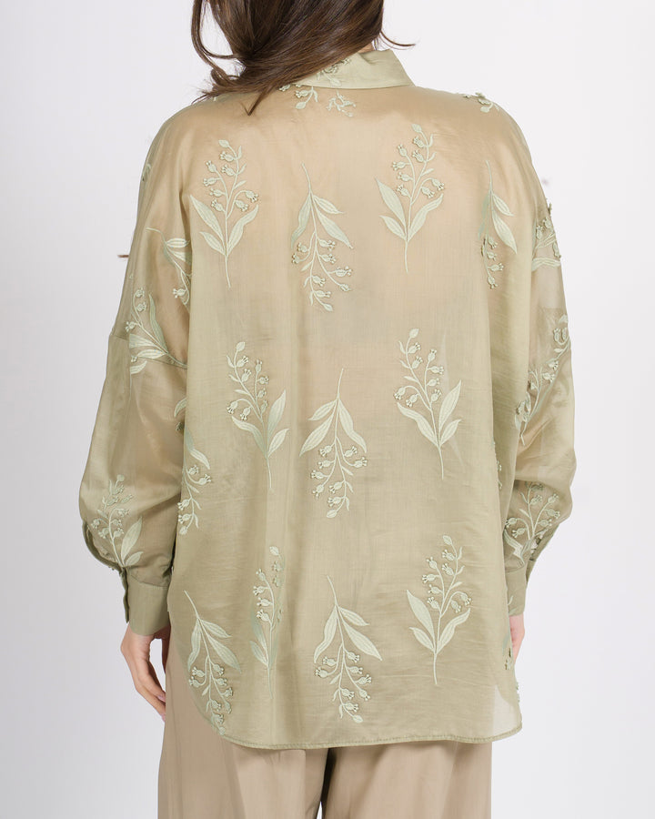 Camicia access verde  in mussola di cotone con ricami 