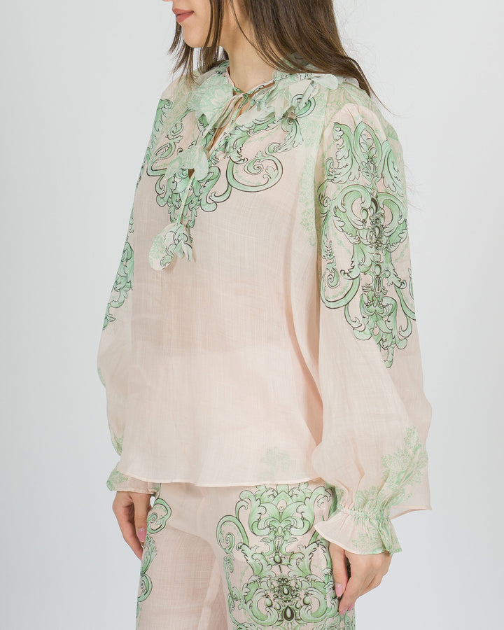 Camicia amosa rosa in lino con stampa verde effetto dipinto 