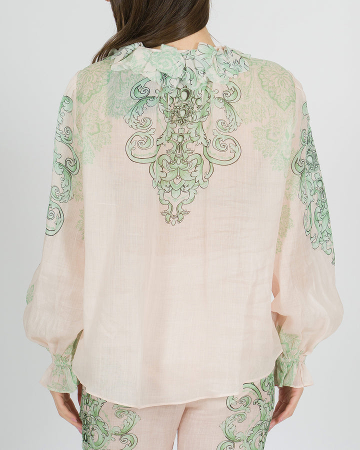Camicia amosa rosa in lino con stampa verde effetto dipinto 