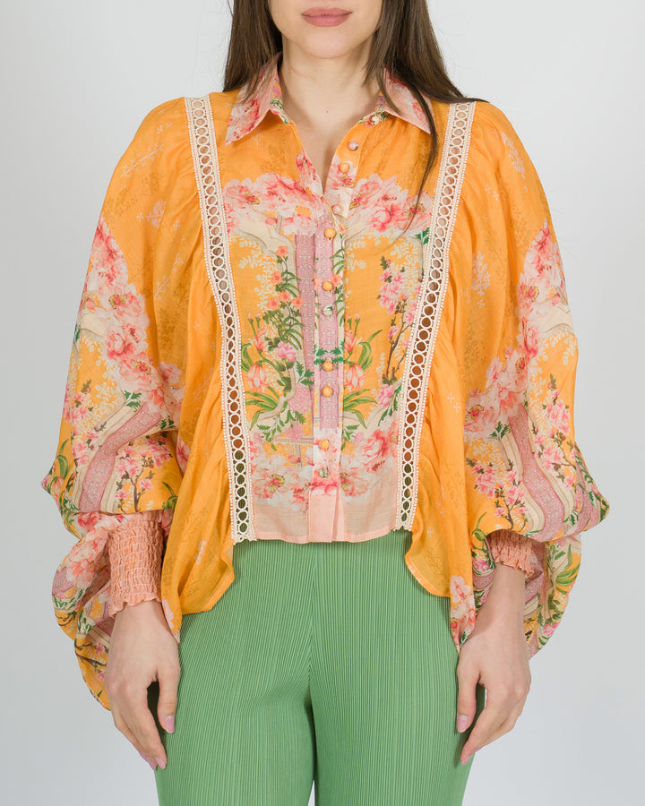 Camicia amosa arancio con stampa rosa 
