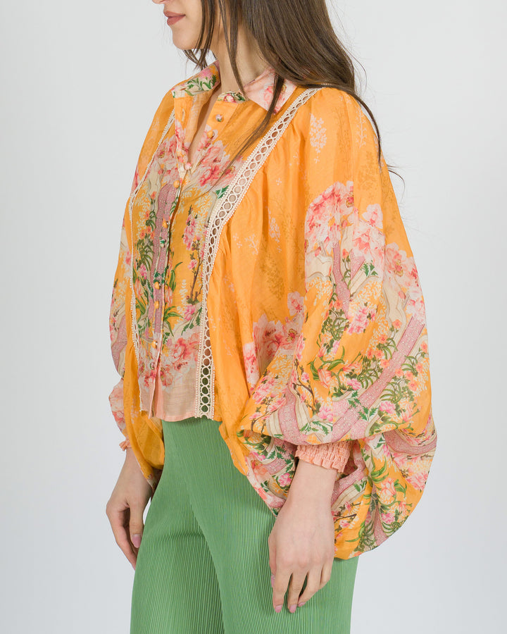 Camicia amosa arancio con stampa rosa 
