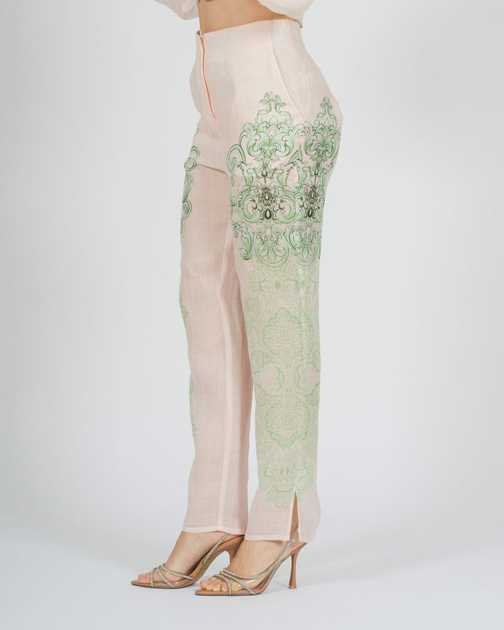 Pantalone in lino rosa amosa con stampa verde 