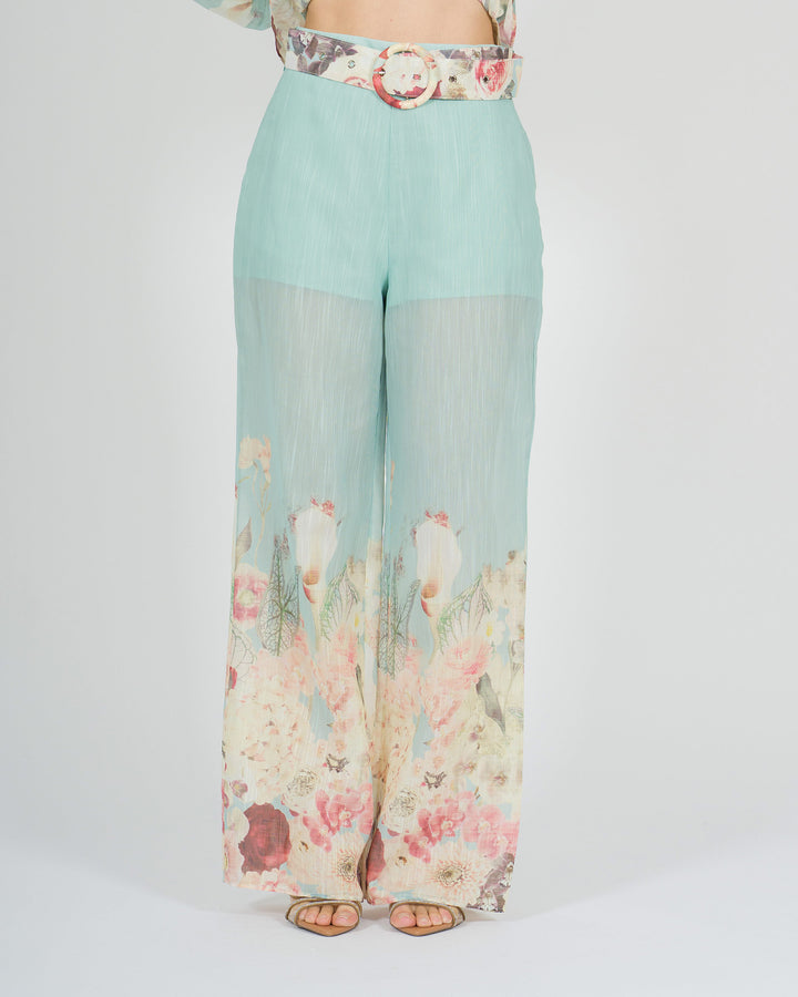 Pantalone azzurro amosa  in cotone leggero con stampa floreale 