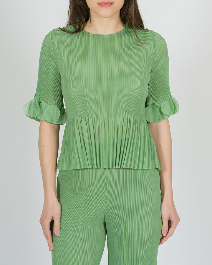 Maglia Amosa verde in plissé con maniche a campana 