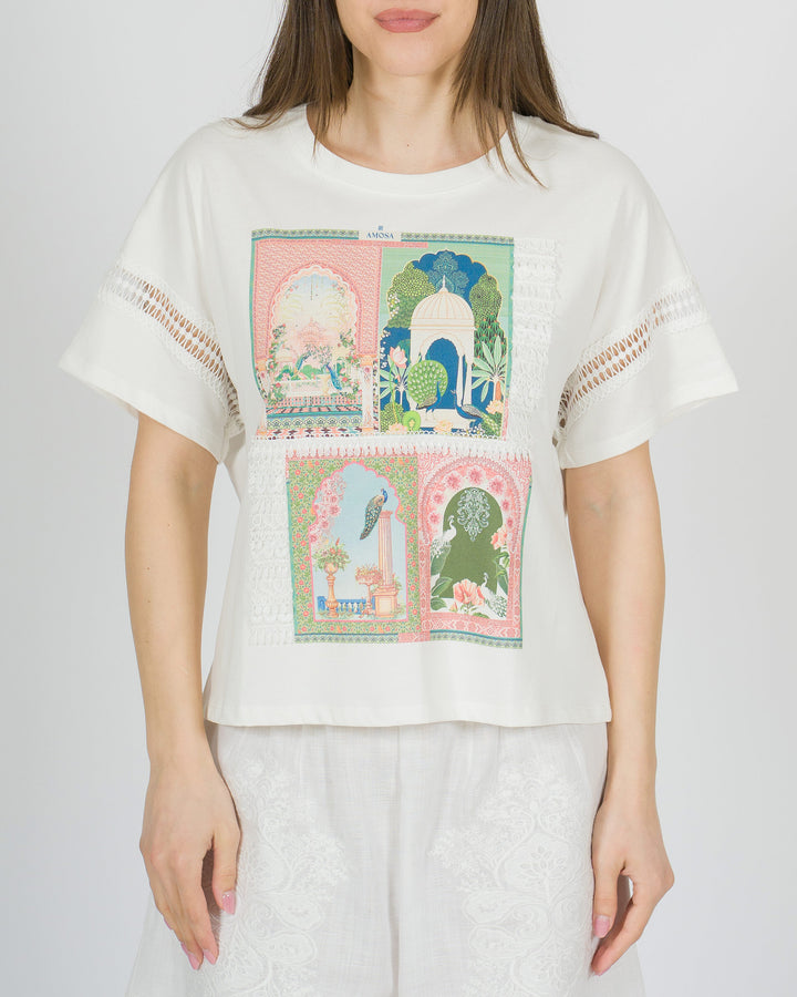 T-shirt bianca Amosa in viscosa con stampa 
