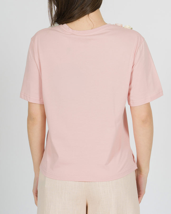 T-shirt rosa Amosa con applicazione di  fiori 