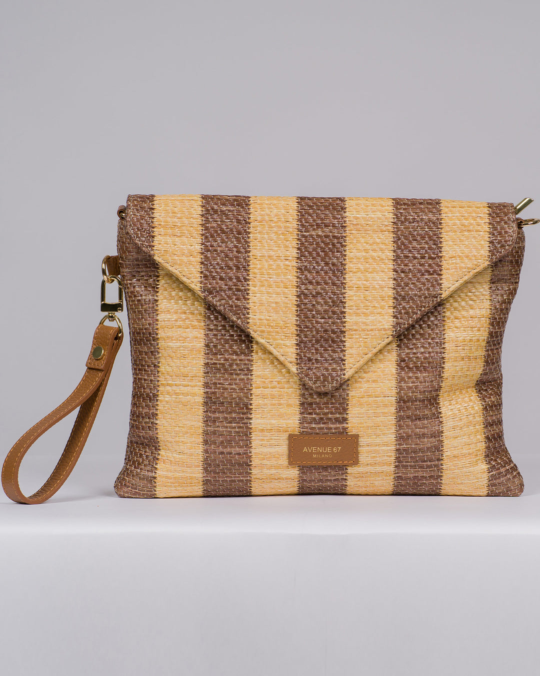 Pochette Modello Bonnie in Rafia Bicolore Beige e Marrone 