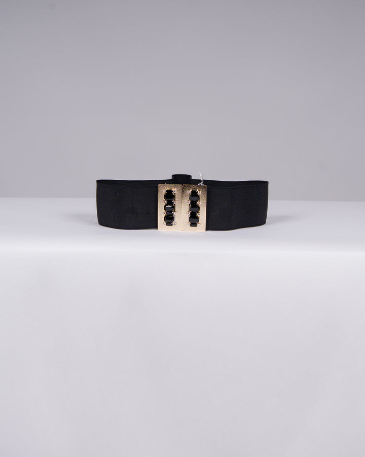 Cintura Nera Elastica con Placca Oro e Pietre Nere 