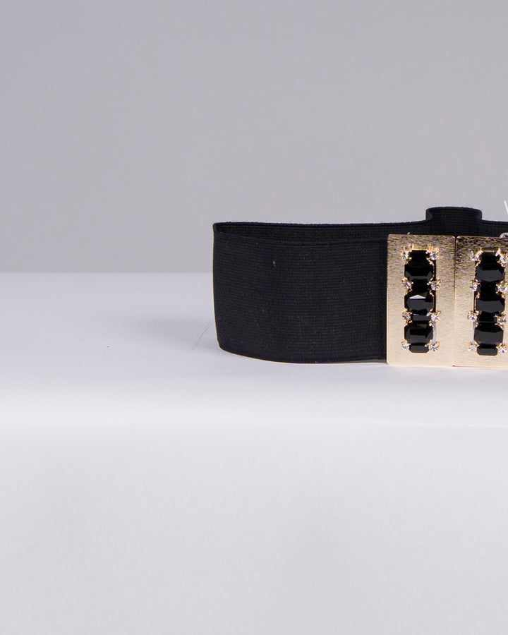 Cintura Nera Elastica con Placca Oro e Pietre Nere 