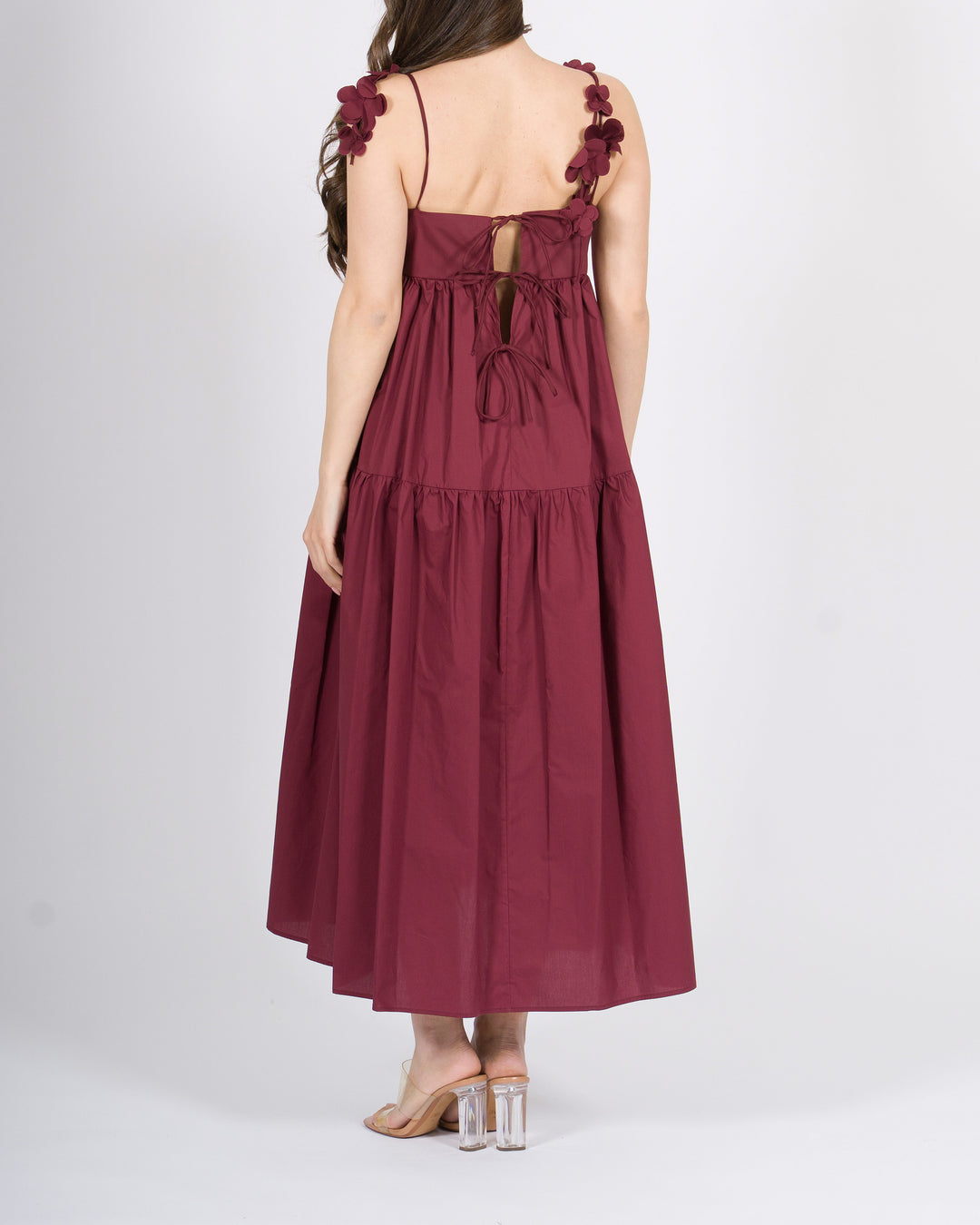 Abito Meimeij bordeaux  100% cotone con applicazioni floreali 