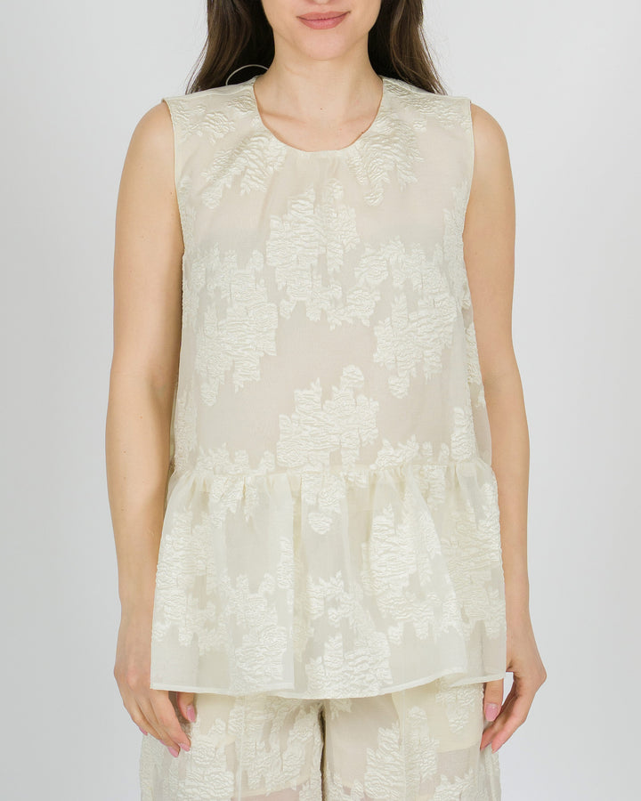 Blusa in cotone panna a giromanica con fantasia floreale tono su tono 