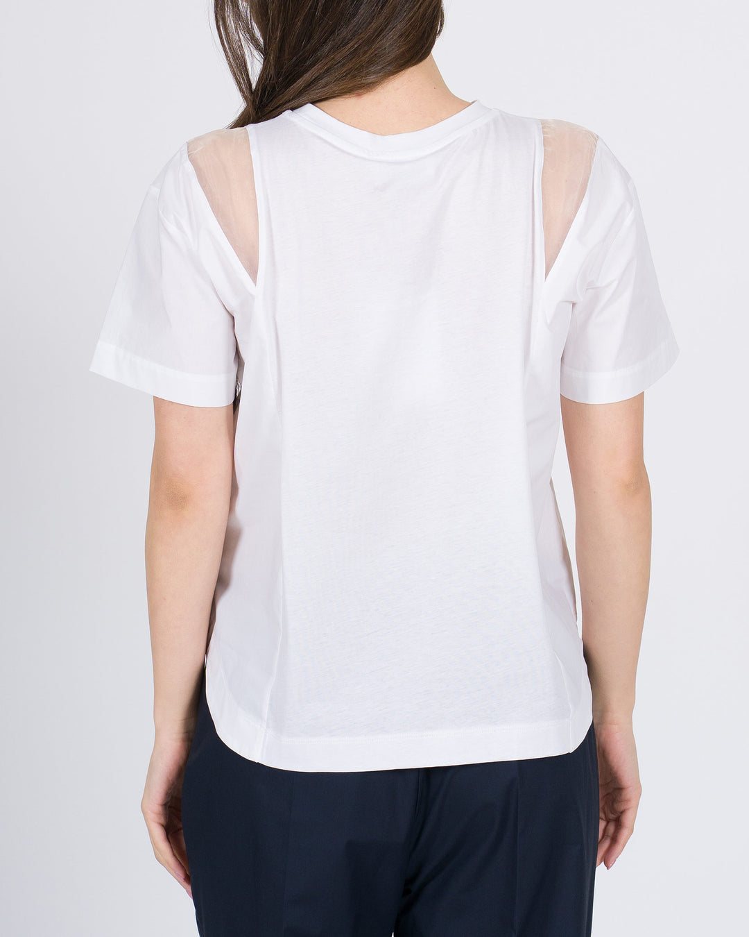 T-shirt Meimeij bianca con dettaglio spicchi in organza sulle spalle 