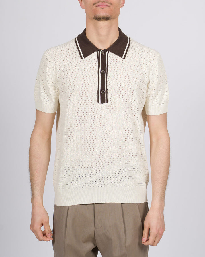 Polo uomo con tre bottoni in crochet panna 