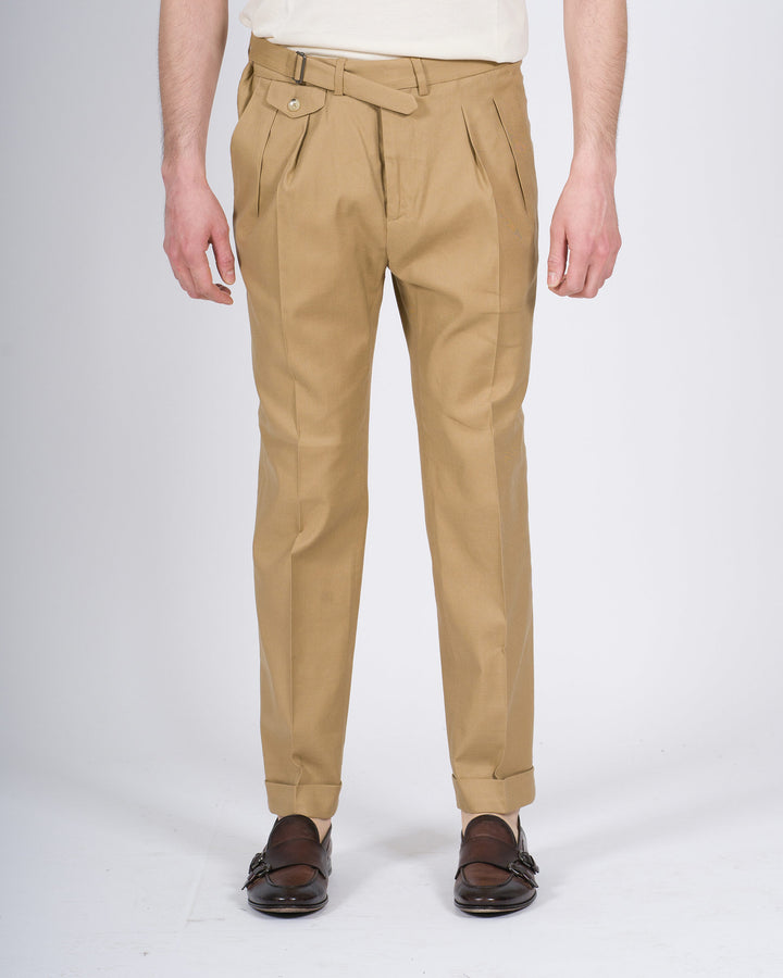 Pantalone doppia pince Paoloni beige in lino e cotone 