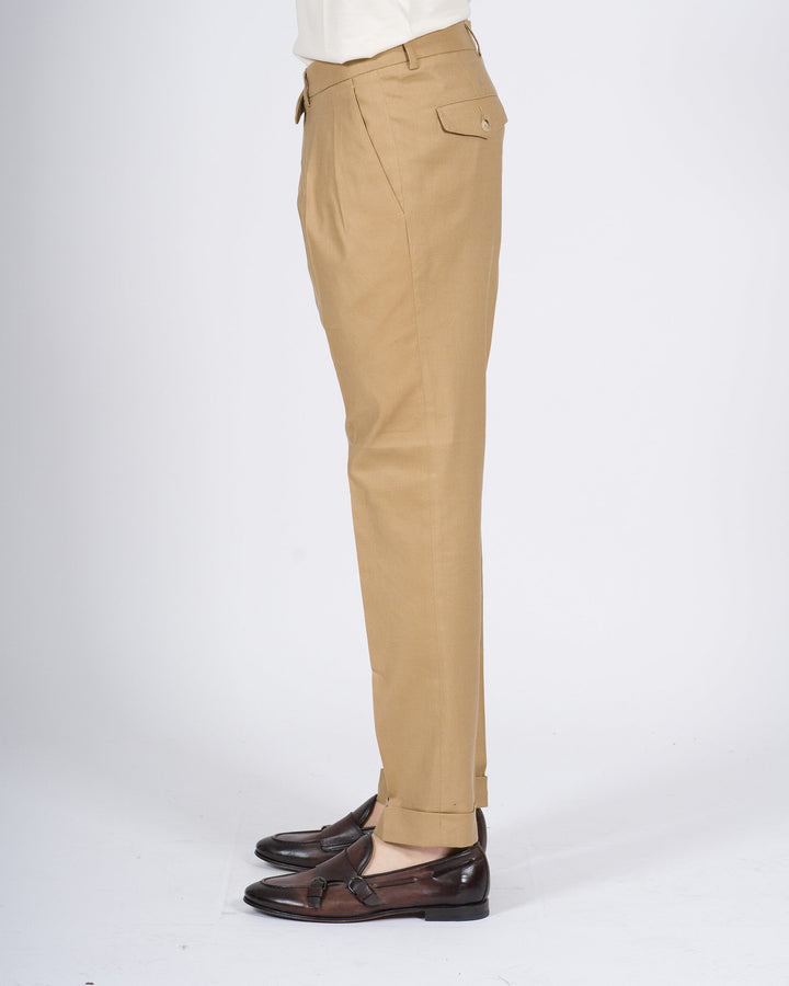Pantalone doppia pince Paoloni beige in lino e cotone 