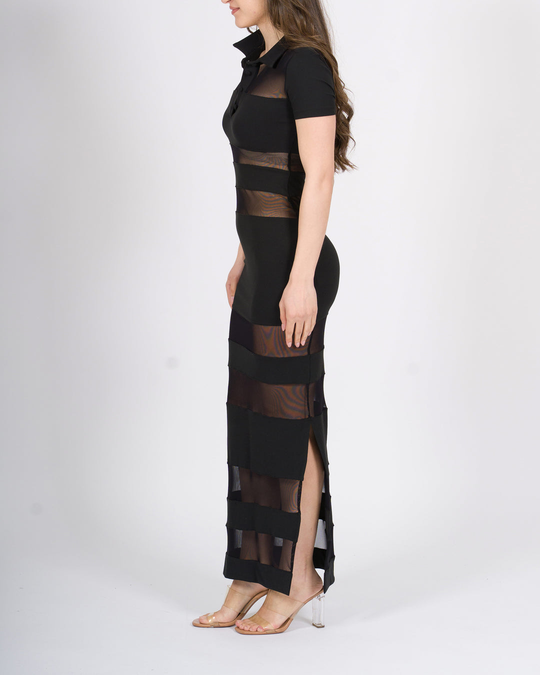 Abito silence nero in garza stretch con trasparenze 