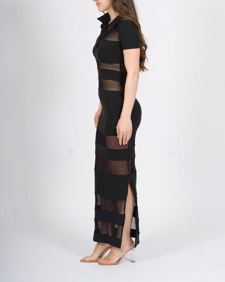 Abito silence nero in garza stretch con trasparenze 