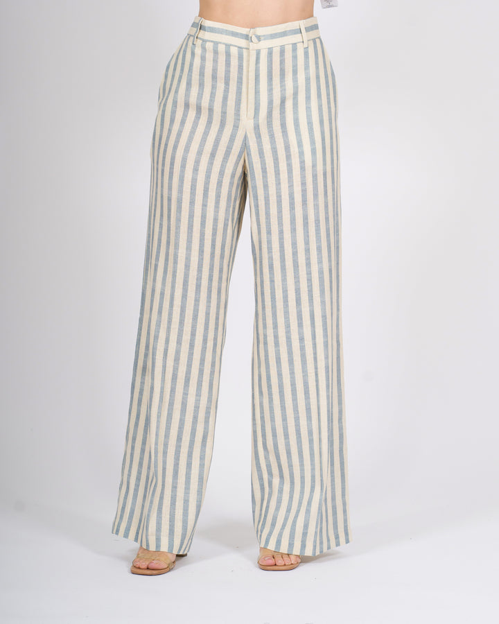 Pantalone Silence Palazzo Avorio a Righe Gessate Azzurre 