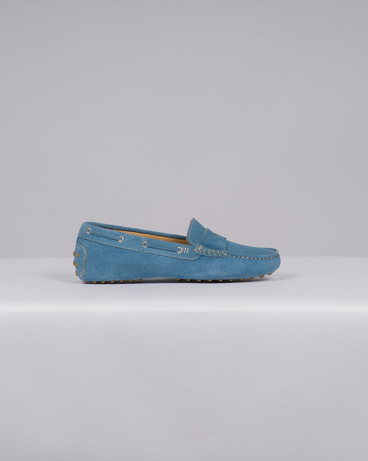 Mocassino Donna in Suede Azzurro con Chiodini 