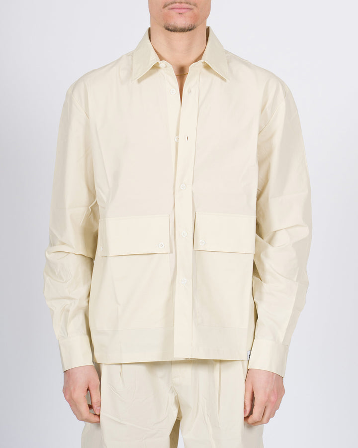 Camicia manica lunga in cotone parastretch beige con tasconi 