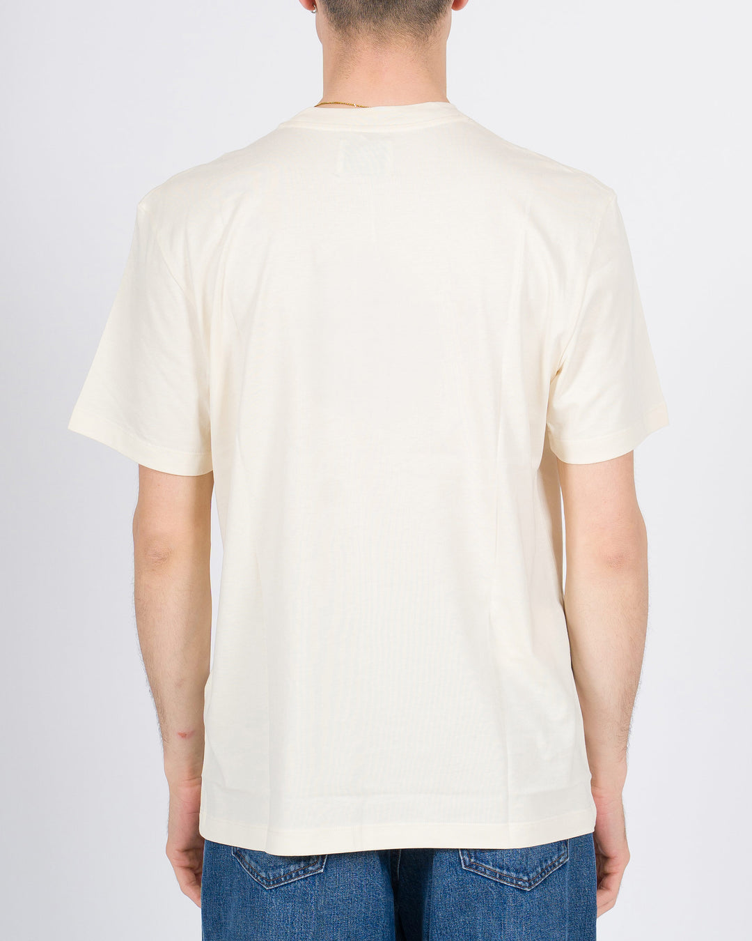 T-shirt mezza manica in cotone beige con inserto in lino 