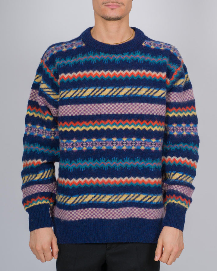 Maglione girocollo in lana con intarsi colorati blu 