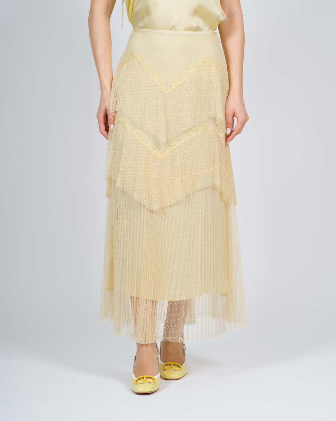 Gonna lunga in tulle con balze plissé beige 