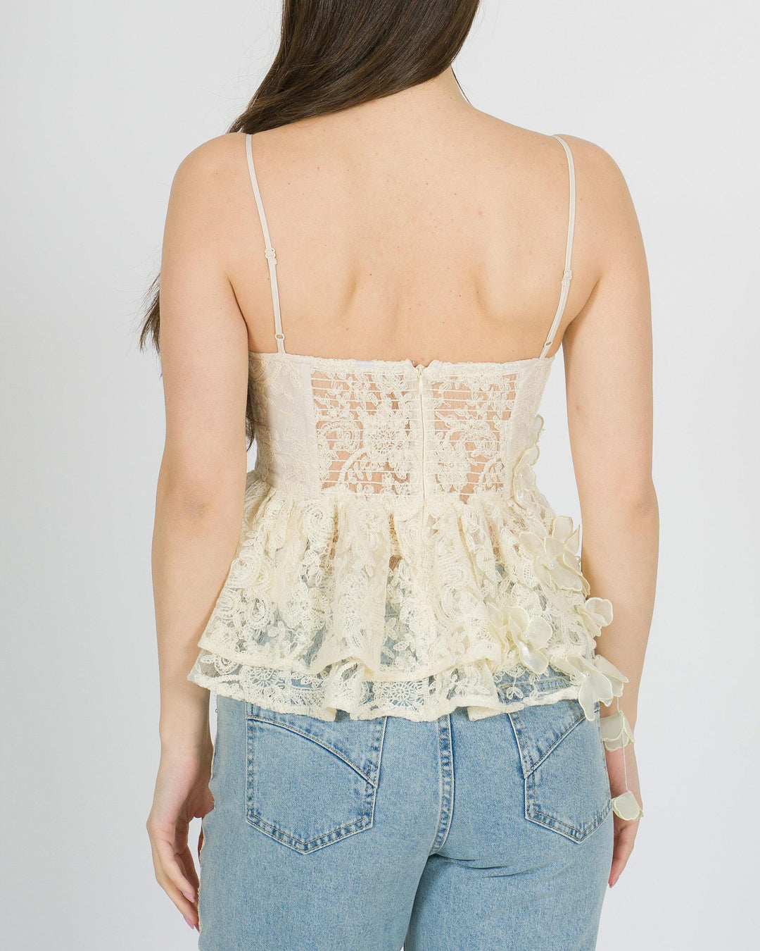 Bustier Amosa ecrù in pizzo con coppe e fiori decorativi 