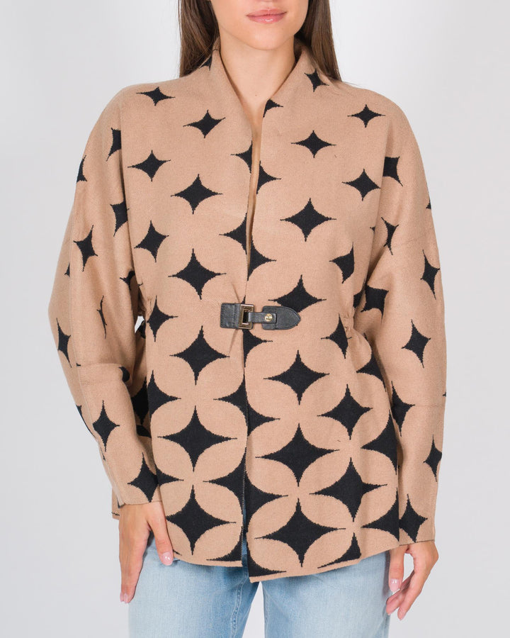 Cardigan a stelle con cinturino beige nero 