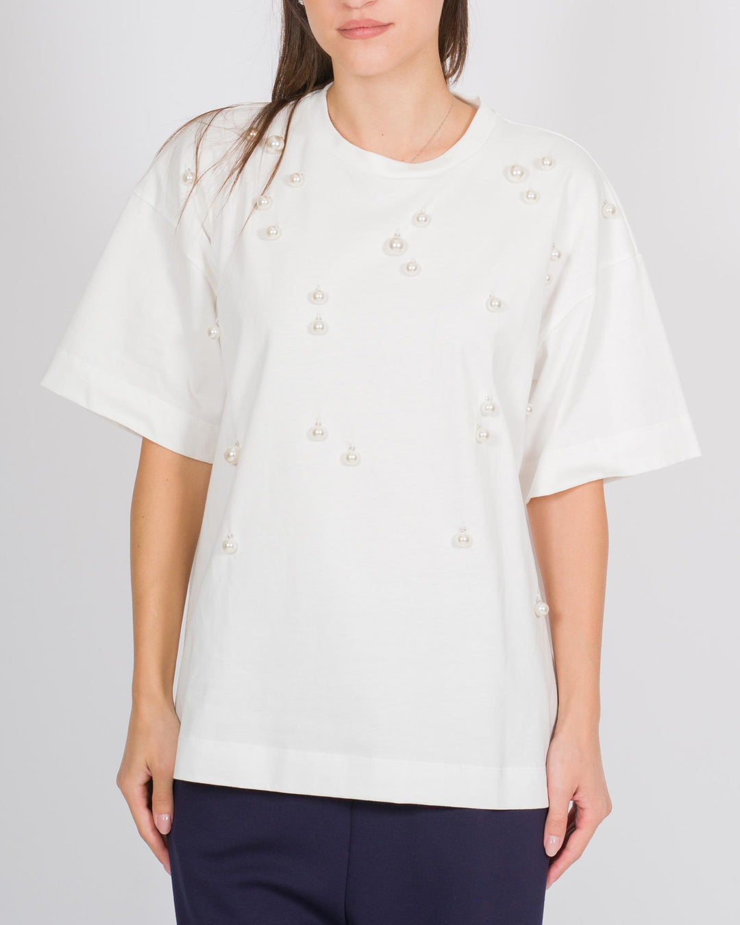 T-shirt mezza manica in cotone con applicazioni di perle 
