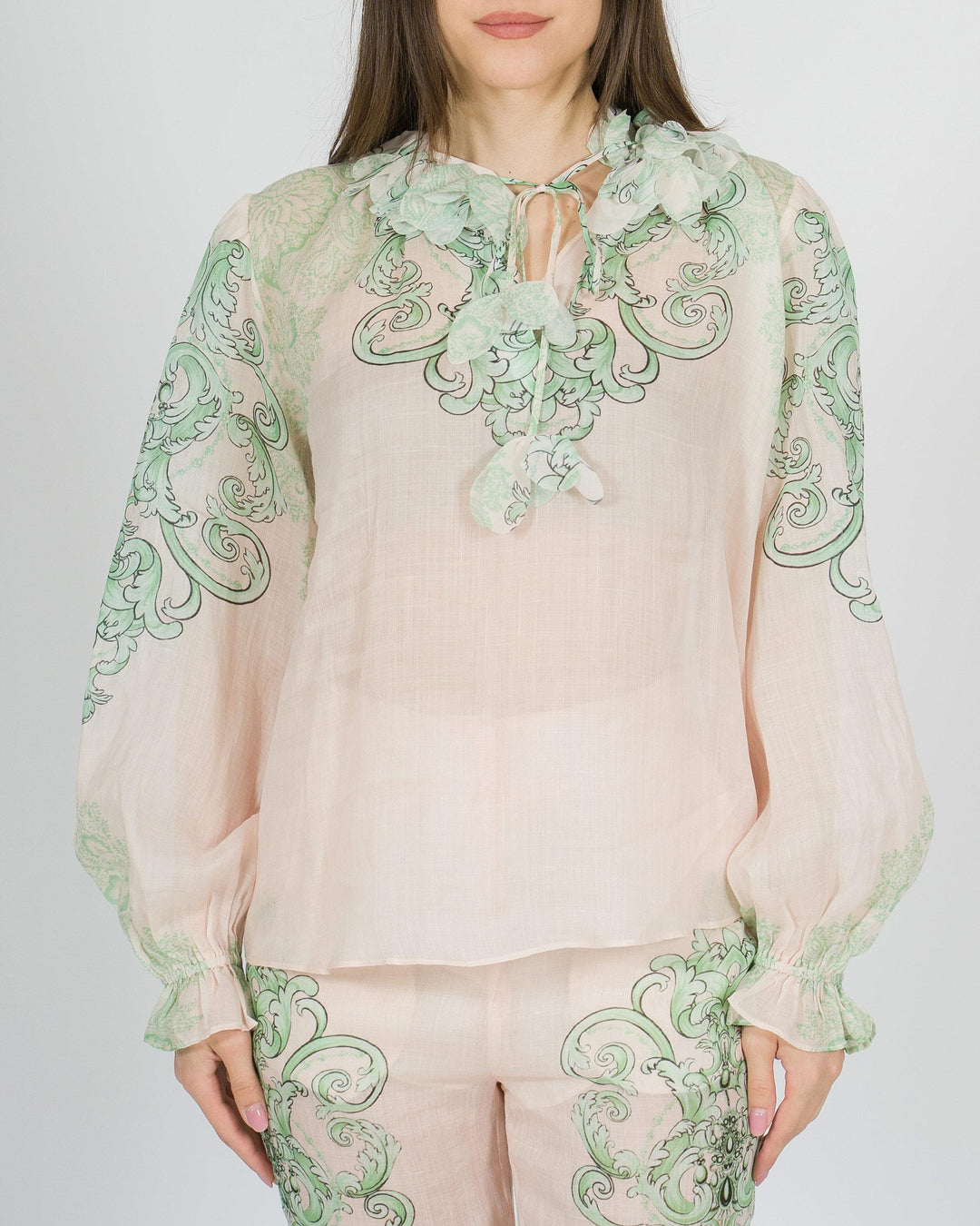 Camicia amosa rosa in lino con stampa verde effetto dipinto 